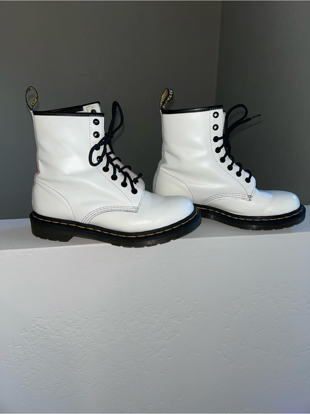 Dr. Martens White Leather Lace-Up Combat Boots with Black Trim